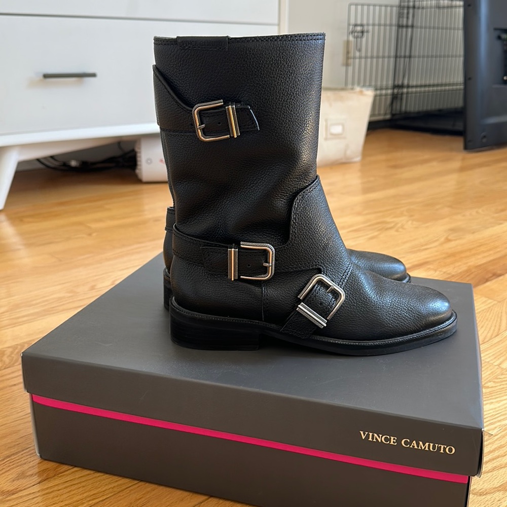 Vince Camuto Black Leather Moto Boots size 9. New lightly worn only once.
